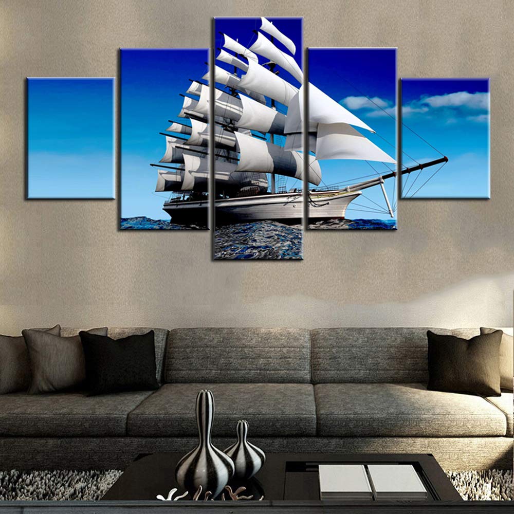 Norse Decor Black and White Painting Vikings Ship Artwork Fantasy Sailing Boat Pictures for Living Room Home 5 Panel Dragon Canvas Wall Art Modern Framed Ready to Hang Posters and Prints(60''Wx32''H)