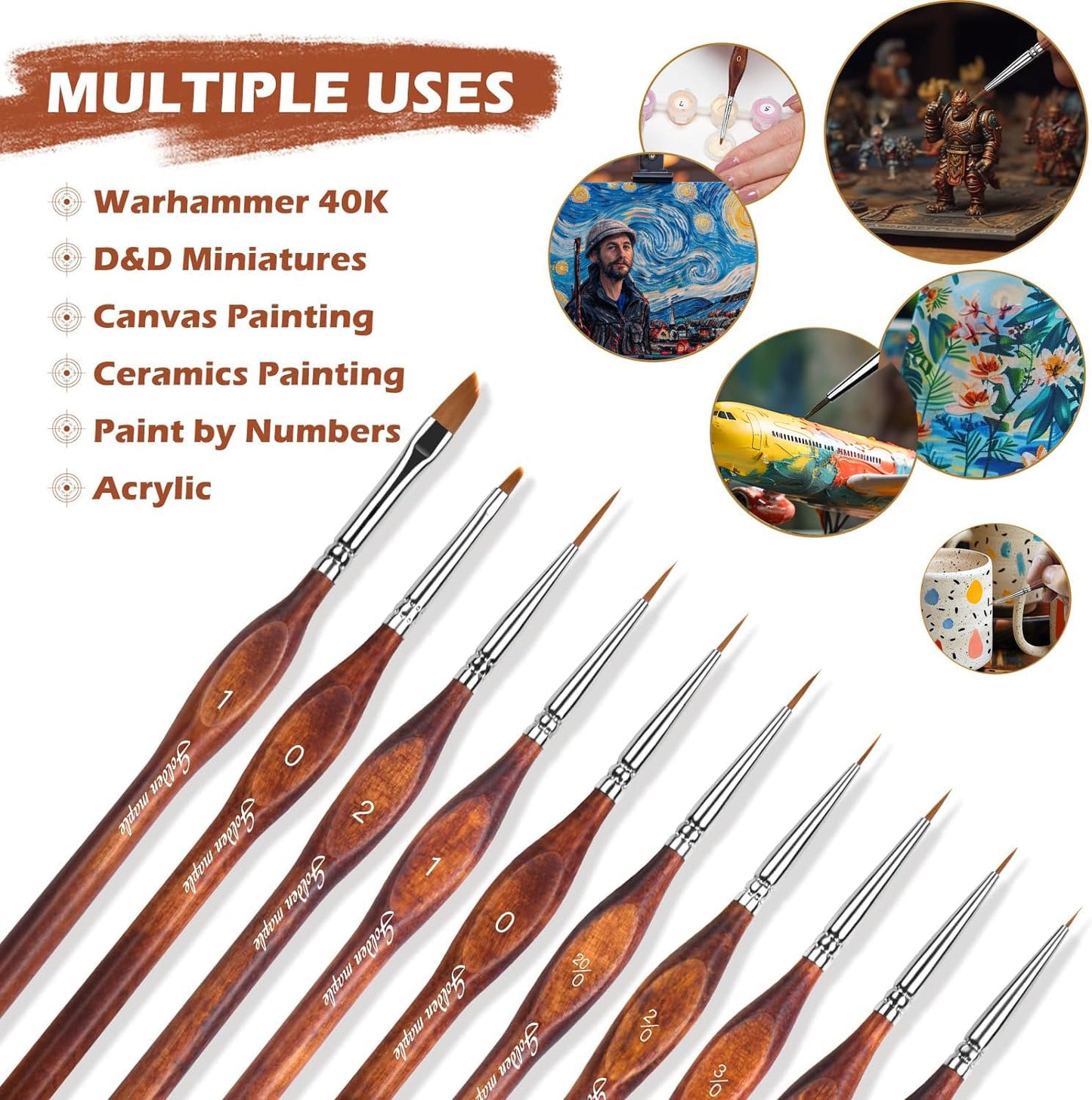 Golden Maple Detail Paint Brushes Set 10pcs Miniature Brushes for Fine Detailing & Art Painting - Acrylic, Watercolor, Oil, Models, 40k