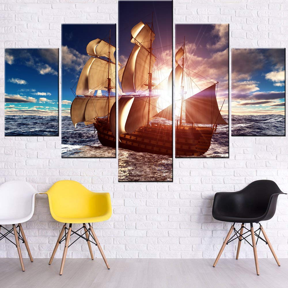 Norse Decor Black and White Painting Vikings Ship Artwork Fantasy Sailing Boat Pictures for Living Room Home 5 Panel Dragon Canvas Wall Art Modern Framed Ready to Hang Posters and Prints(60''Wx32''H)