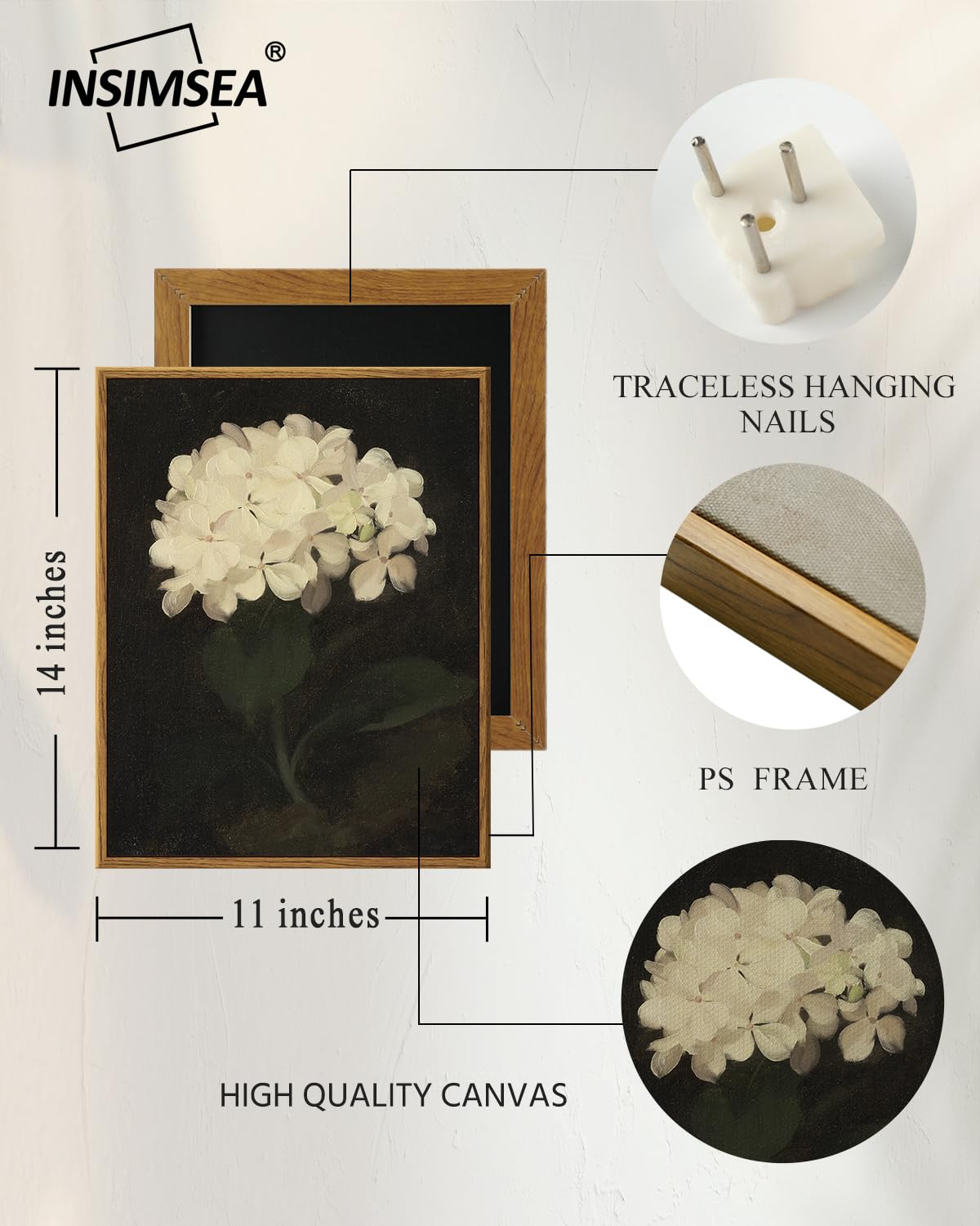 InSimSea Framed Wall Art for Living Room Decoration Canvas Wall Art Room Decor White Hydrangea Oil Painting Canvas Prints Bedroom Bathroom Wall Art Kitchen Office Wall Decor 8x10in