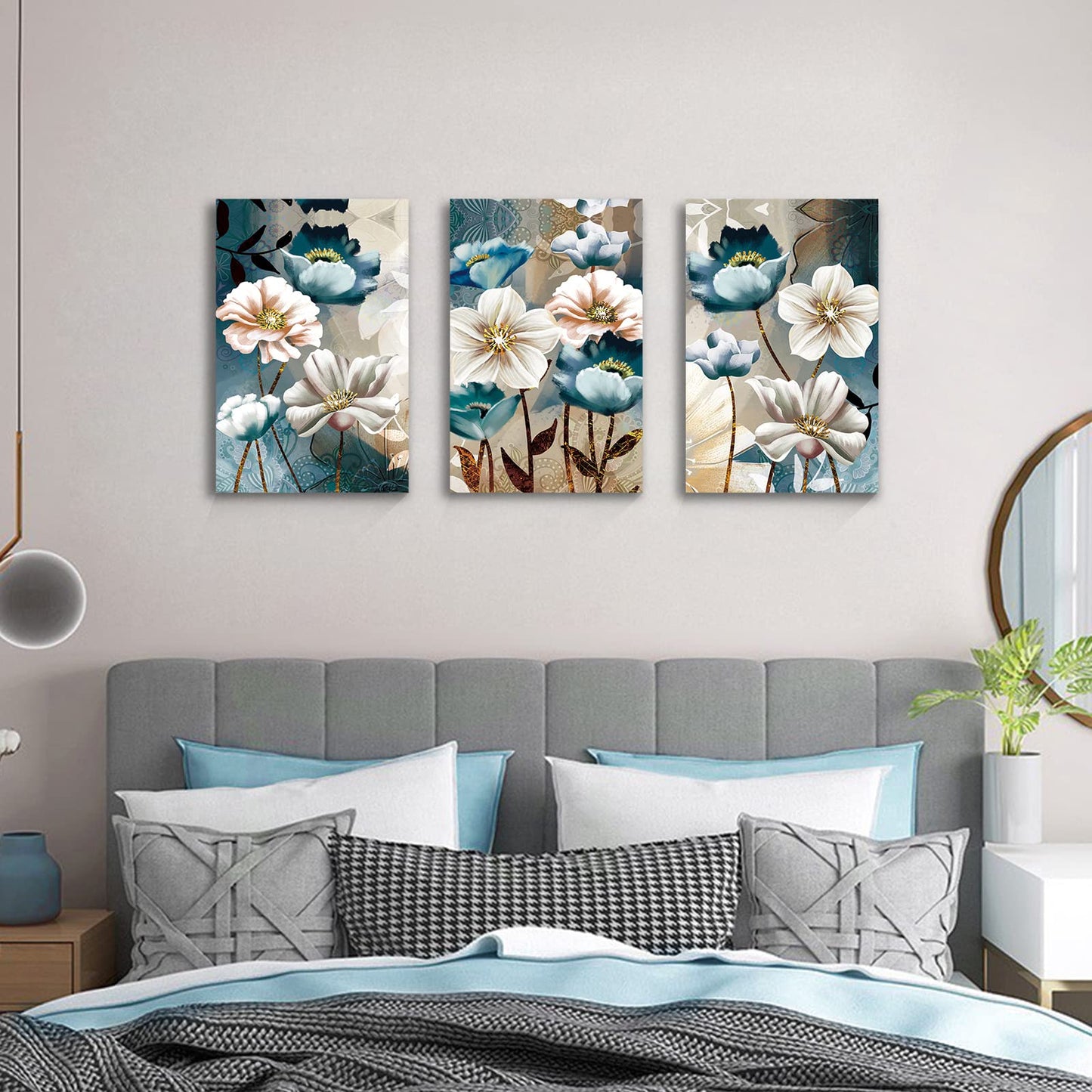 SERIMINO 3 Piece Lotus Flower Canvas Wall Art for Living Room White and Indigo Blue Floral Picture Wall Decor for Dining Room Bedroom Bathroom Kitchen Print Painting for Home Decorations