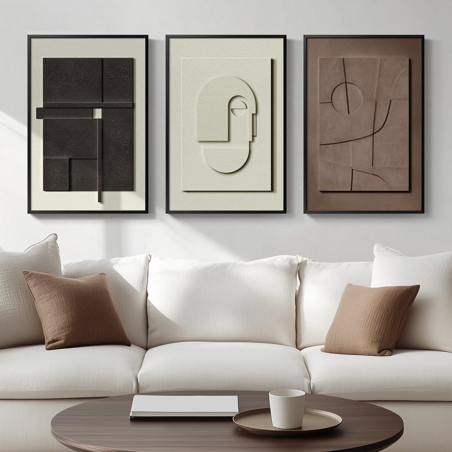 Framed Modern Abstract 3D Textured Wall Art for Living Room, Large 3-Piece Neutral Artwork for Walls, Geometric Brown White Textured Wall Art Sandstone Painting Prints for Bedroom Guest Room Hallway Home Office Decor 16x24 Inch