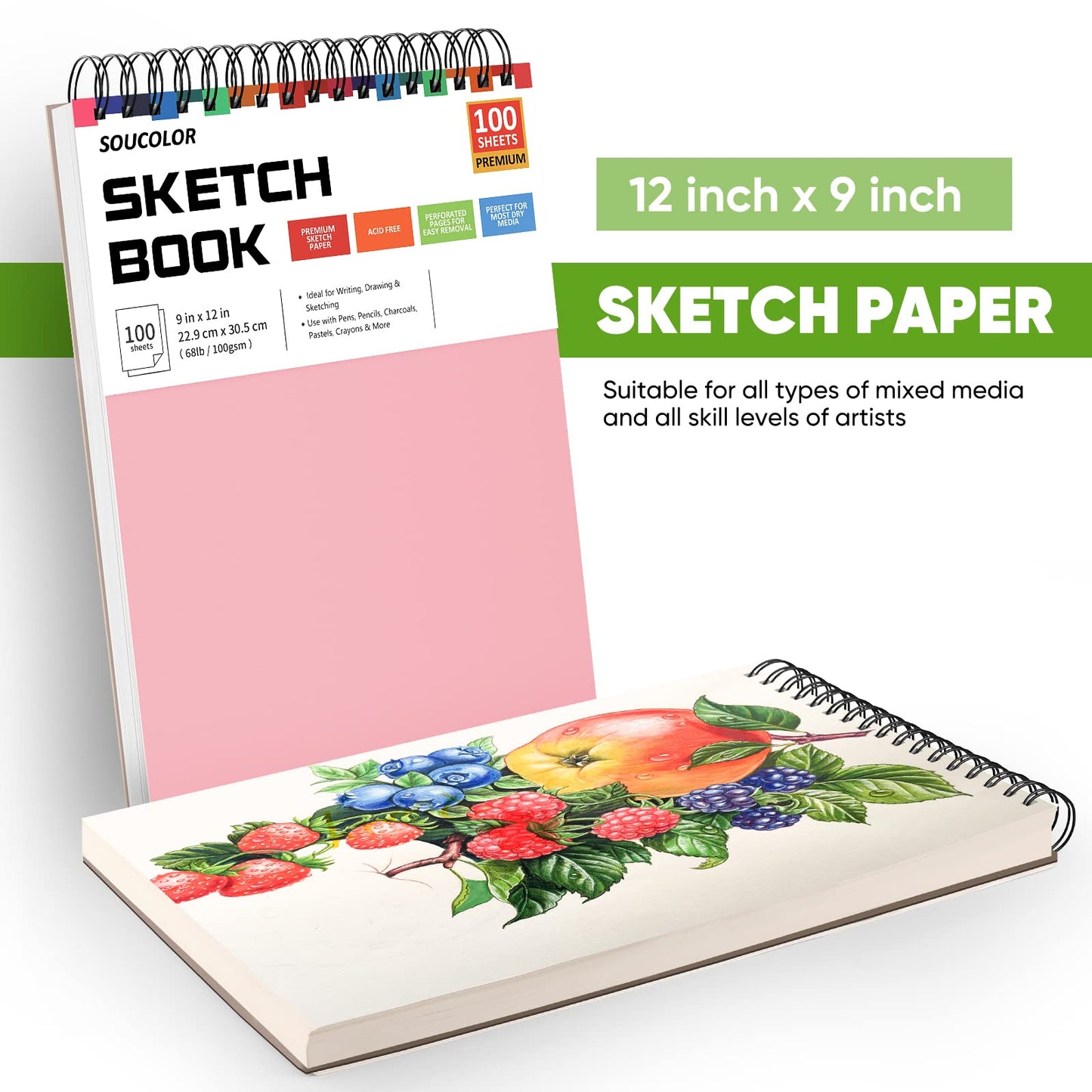 Soucolor 9" x 12" Sketch Book, 1-Pack 100 Sheets Spiral Bound Art Sketchbook, (68lb/100gsm) Acid Free Artist Drawing Book Paper Painting Sketching Pad for Kids Students Adults Beginners