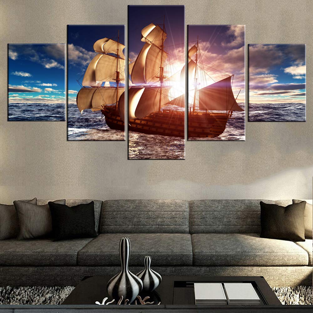 Norse Decor Black and White Painting Vikings Ship Artwork Fantasy Sailing Boat Pictures for Living Room Home 5 Panel Dragon Canvas Wall Art Modern Framed Ready to Hang Posters and Prints(60''Wx32''H)