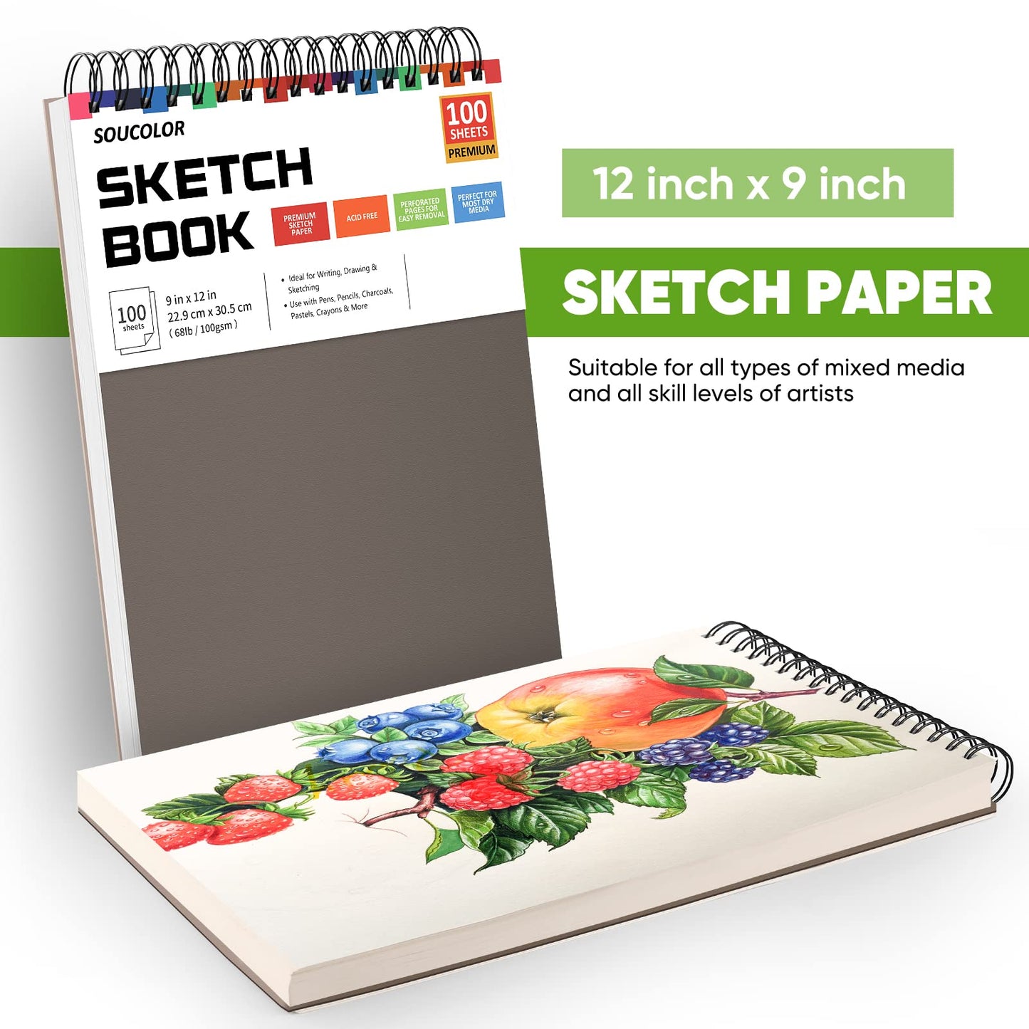 Soucolor 9" x 12" Sketch Book, 1-Pack 100 Sheets Spiral Bound Art Sketchbook, (68lb/100gsm) Acid Free Artist Drawing Book Paper Painting Sketching Pad for Kids Students Adults Beginners