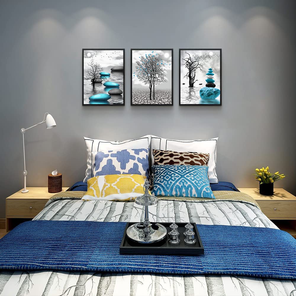 Canvas Wall Art for Living Room Wall Decor for Bedroom Bathroom Black and White Paintings Modern 3 Piece Framed Canvas Art Prints Ready to Hang Inspirational Abstract Blue Pictures Home Decorations