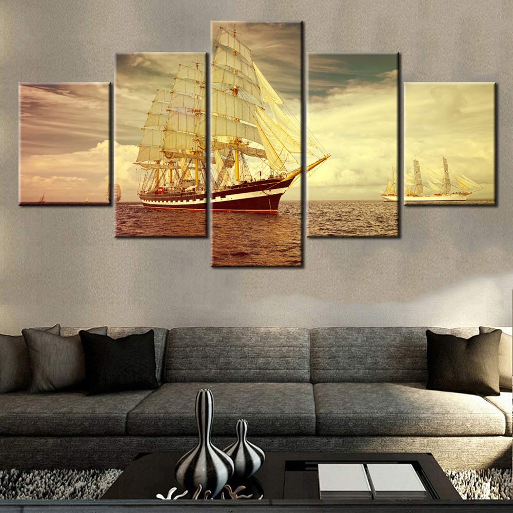 Norse Decor Black and White Painting Vikings Ship Artwork Fantasy Sailing Boat Pictures for Living Room Home 5 Panel Dragon Canvas Wall Art Modern Framed Ready to Hang Posters and Prints(60''Wx32''H)