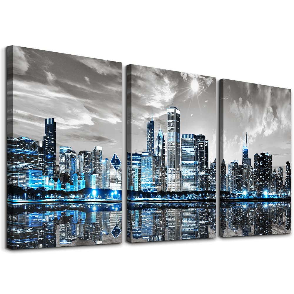 SERIMINO 3 Piece Lotus Flower Canvas Wall Art for Living Room White and Indigo Blue Floral Picture Wall Decor for Dining Room Bedroom Bathroom Kitchen Print Painting for Home Decorations