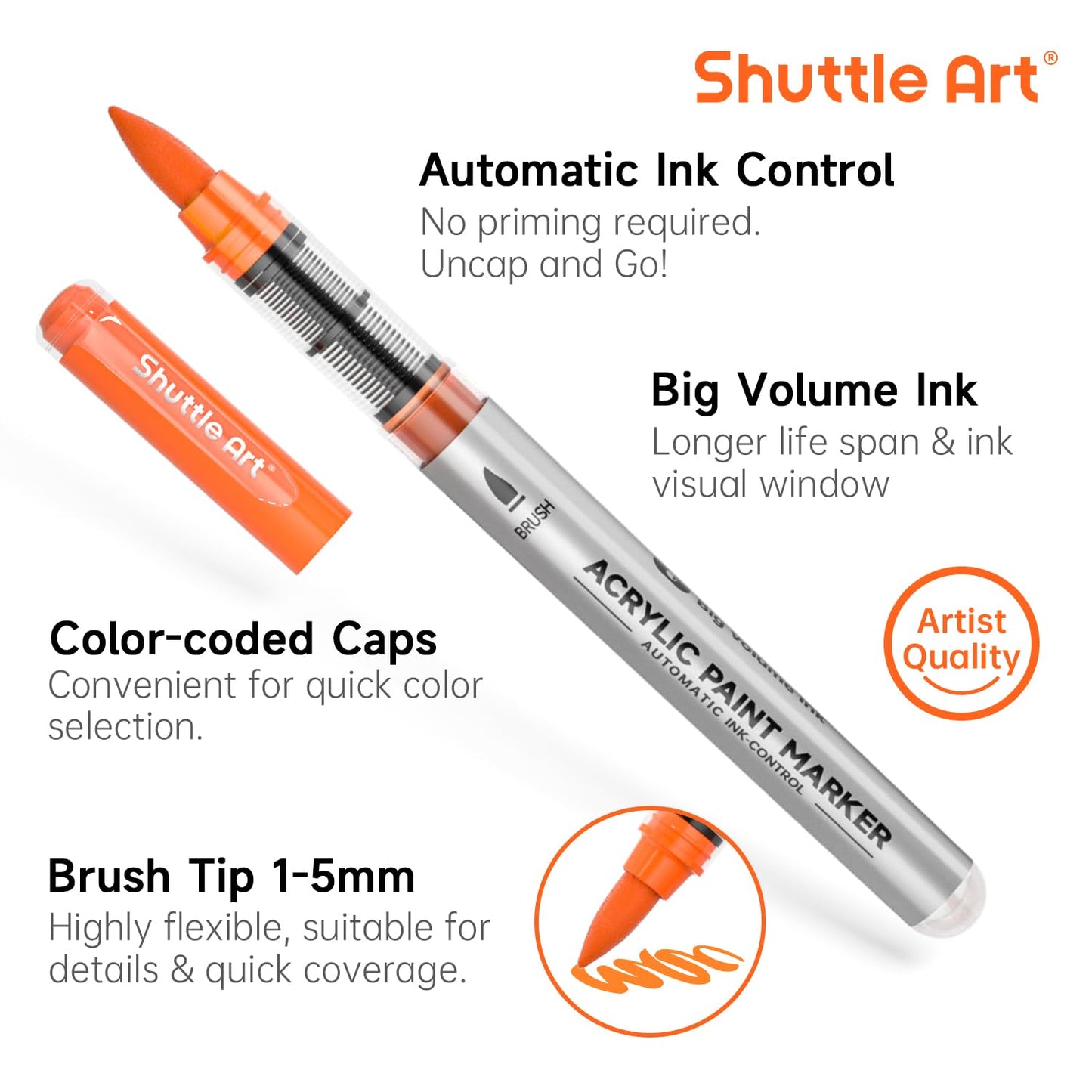 Shuttle Art Automatic Ink Control Acrylic Paint Markers, 60 Colors Brush Tip Acrylic Paint Pens for Rock Painting, Ceramic, Wood, Canvas, Glass, Stone, Fabric, Card Making, DIY & Art Supplies