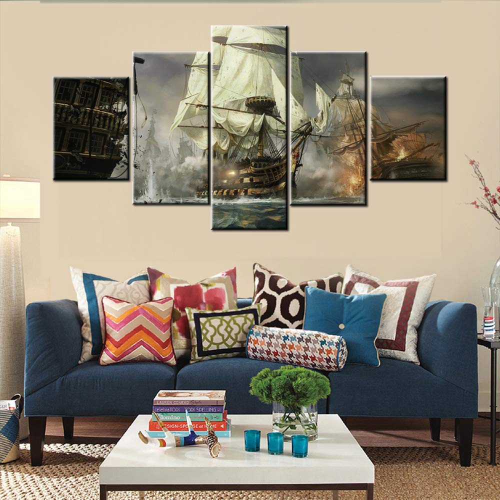 Norse Decor Black and White Painting Vikings Ship Artwork Fantasy Sailing Boat Pictures for Living Room Home 5 Panel Dragon Canvas Wall Art Modern Framed Ready to Hang Posters and Prints(60''Wx32''H)