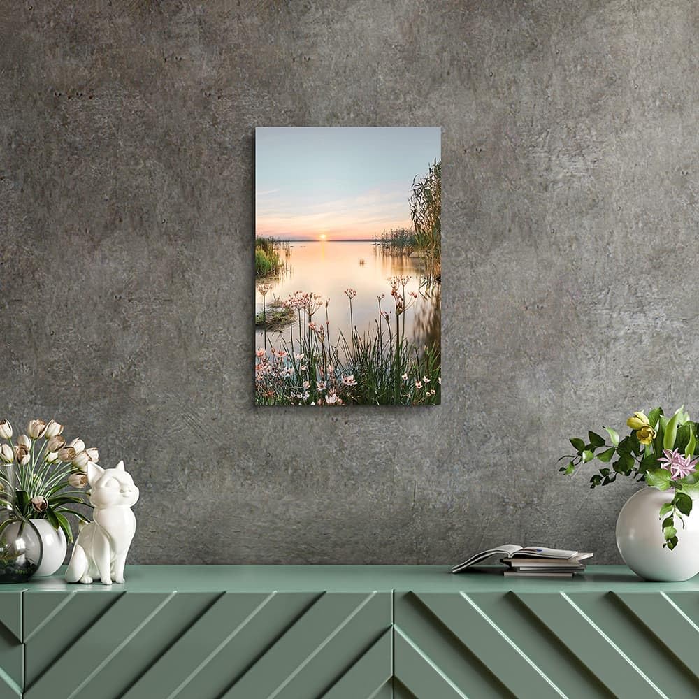 Lake Canvas Wall Art Picture: Sunset Landscape Painting Print Artwork Vertical Nature Scenery Decor for Living Room Bedroom