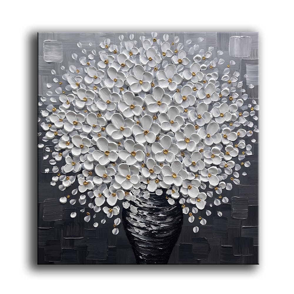 YaSheng Art - hand-painted Oil Painting On Canvas white Flowers Paintings Modern Home Interior Decor Wall Art for living room Abstract Art picture Ready to hang 24x24inch