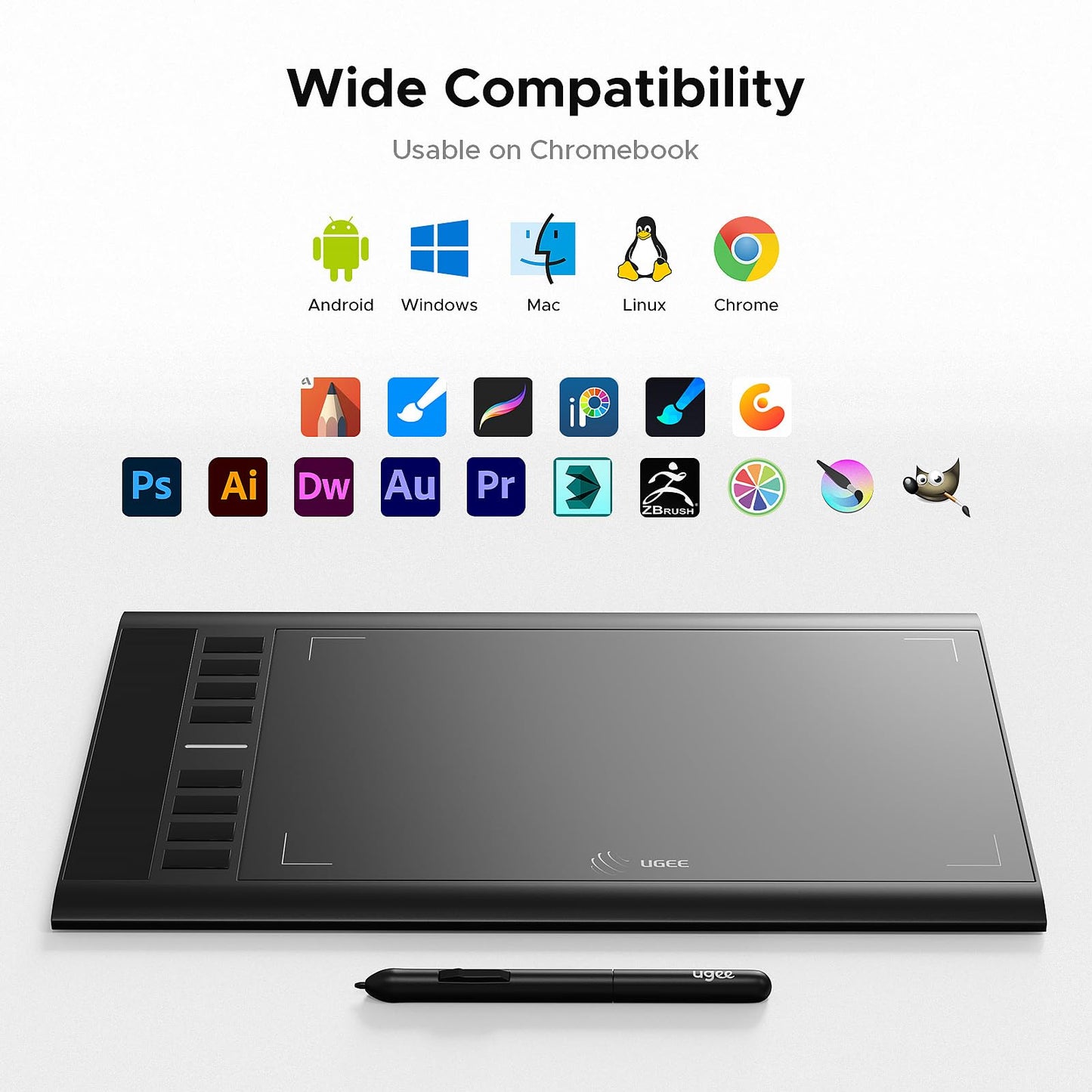 Graphics Drawing Tablet, UGEE M708 10 x 6 inch Large Drawing Tablet with 8 Hot Keys 8192 Levels Pen, Graphic Tablets for Computer Digital Art Creation Sketch for Windows Chrome OS Mac OS and Linux