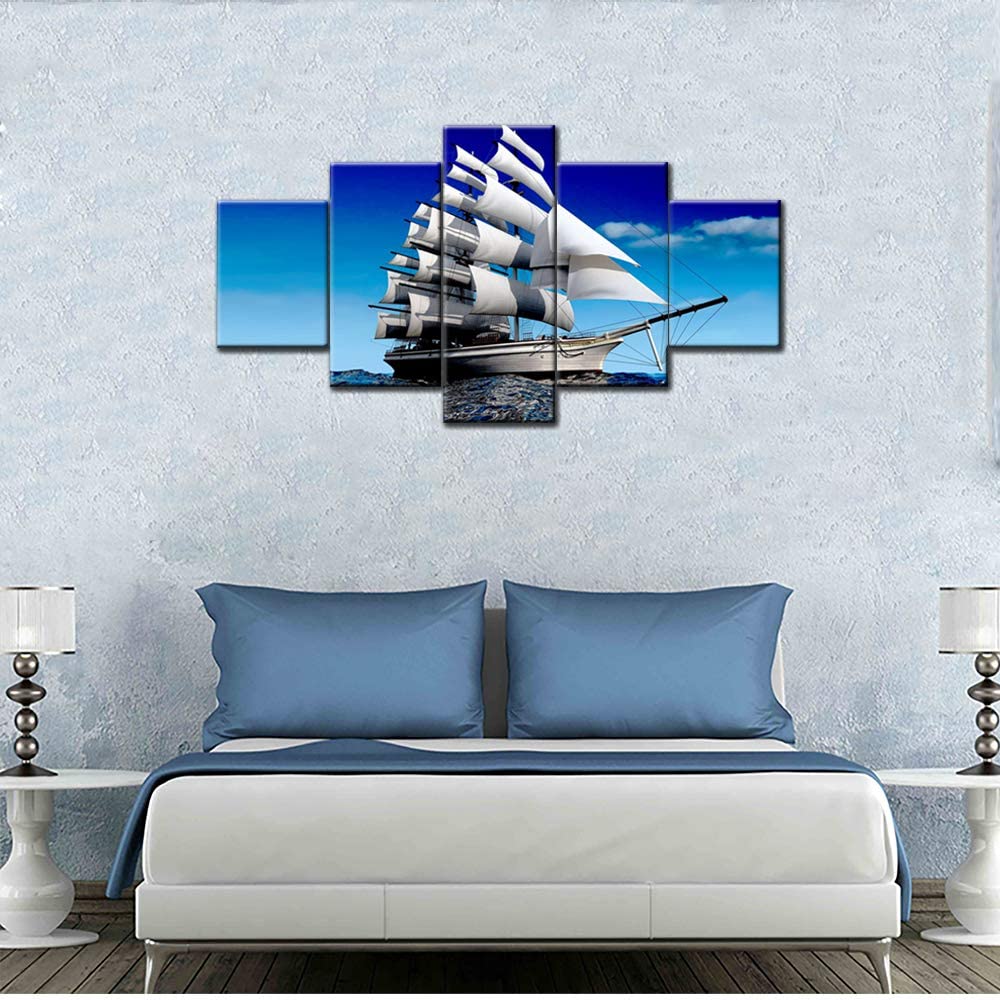 Norse Decor Black and White Painting Vikings Ship Artwork Fantasy Sailing Boat Pictures for Living Room Home 5 Panel Dragon Canvas Wall Art Modern Framed Ready to Hang Posters and Prints(60''Wx32''H)