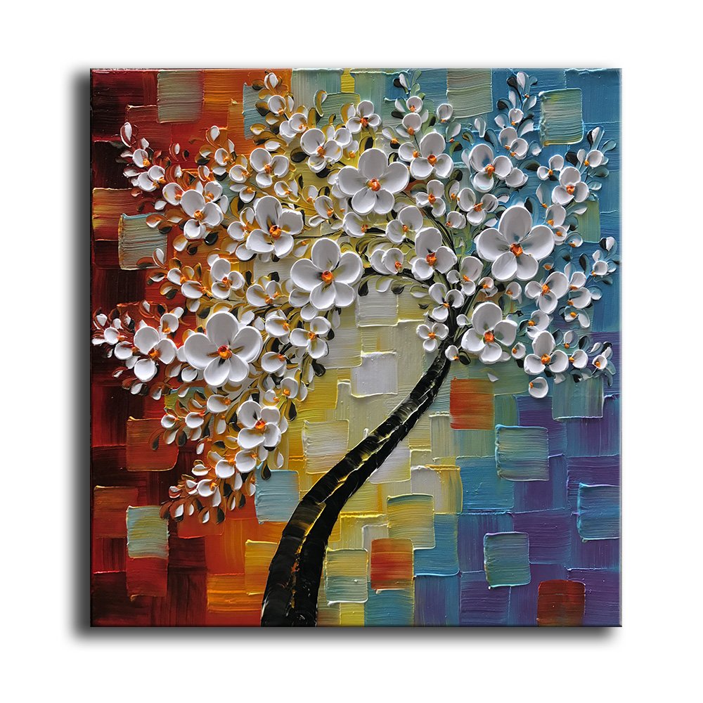 YaSheng Art - hand-painted Oil Painting On Canvas white Flowers Paintings Modern Home Interior Decor Wall Art for living room Abstract Art picture Ready to hang 24x24inch