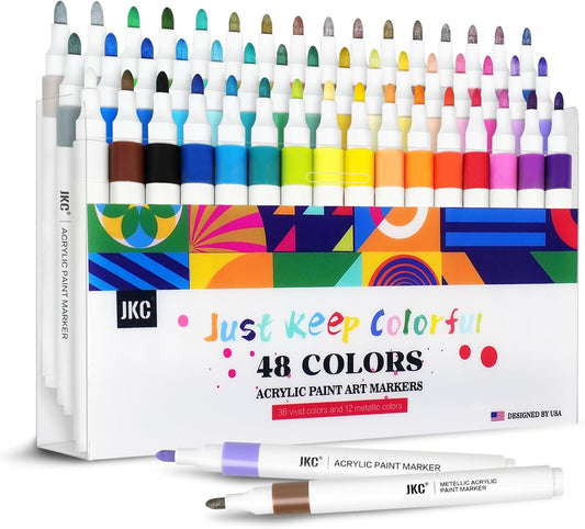 JKC 48 Colors Acrylic Paint Markers Set, Acrylic Paint Pens with Medium Tip for Kids Adults, Acrylic Markers for Rock Painting, Pumpkin, Stone, Canvas, Wood, Paper, Glass, Ceramic, Fabric, Plastic Egg