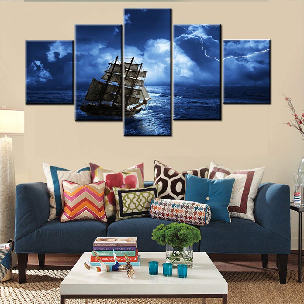 Norse Decor Black and White Painting Vikings Ship Artwork Fantasy Sailing Boat Pictures for Living Room Home 5 Panel Dragon Canvas Wall Art Modern Framed Ready to Hang Posters and Prints(60''Wx32''H)