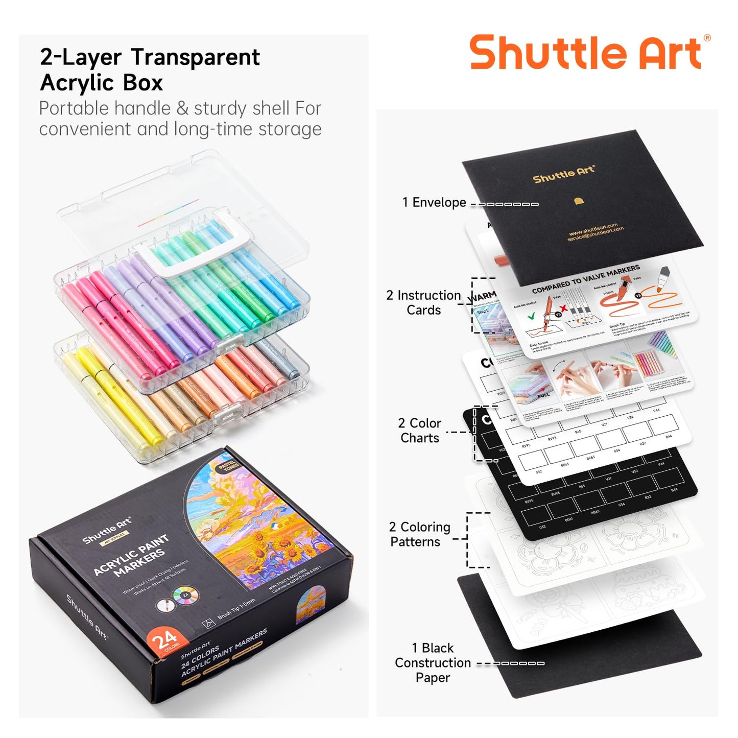 Shuttle Art Automatic Ink Control Acrylic Paint Markers, 60 Colors Brush Tip Acrylic Paint Pens for Rock Painting, Ceramic, Wood, Canvas, Glass, Stone, Fabric, Card Making, DIY & Art Supplies