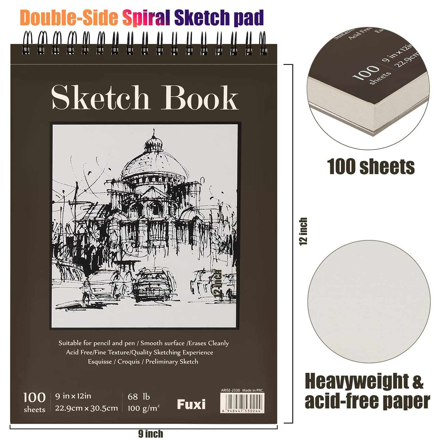 Fuxi 9" x 12" Sketch Book, Top Spiral Bound Sketch Pad, 1 Pack 100-Sheets (68lb/100gsm), Acid Free Art Sketchbook Artistic Drawing Painting Writing Paper for Kids Adults Beginners Artists