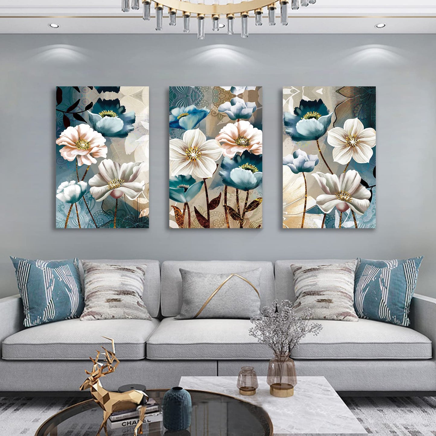 SERIMINO 3 Piece Lotus Flower Canvas Wall Art for Living Room White and Indigo Blue Floral Picture Wall Decor for Dining Room Bedroom Bathroom Kitchen Print Painting for Home Decorations