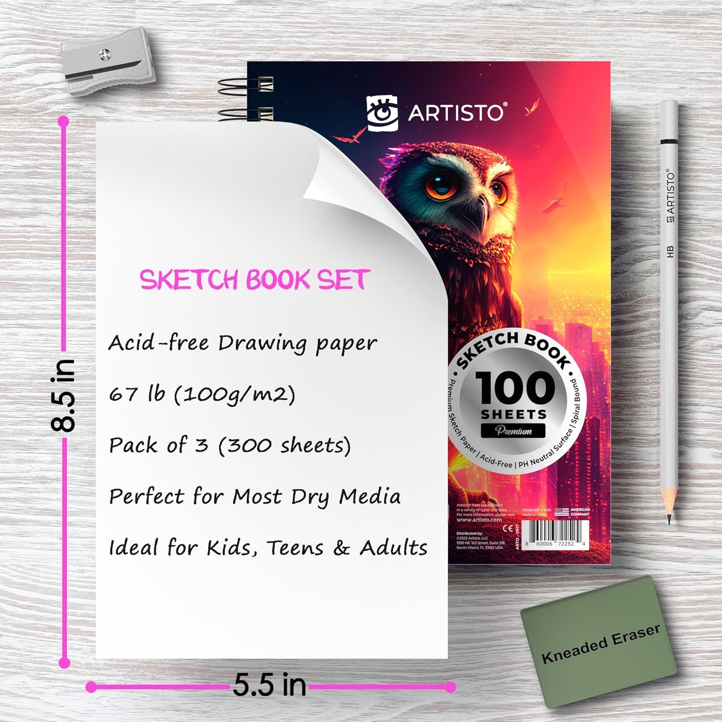 Artisto 5.5X8.5” Premium Sketch Book Set, Pack of 3 (300 Sheets), 68lb (100gsm), Spiral Bound, Acid-Free Drawing Paper, Perfect for Most Dry Media