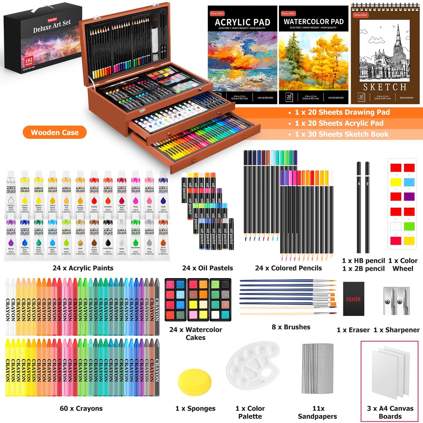 Soucolor Art Supplies, 192-Pack Deluxe Art Set Drawing Painting Supplies Art Kit with Acrylic Pad, Watercolor Pad, Sketch Book, Canvases, Acrylic Paint, Crayons, Pencils, Gifts for Artists Adults Kids