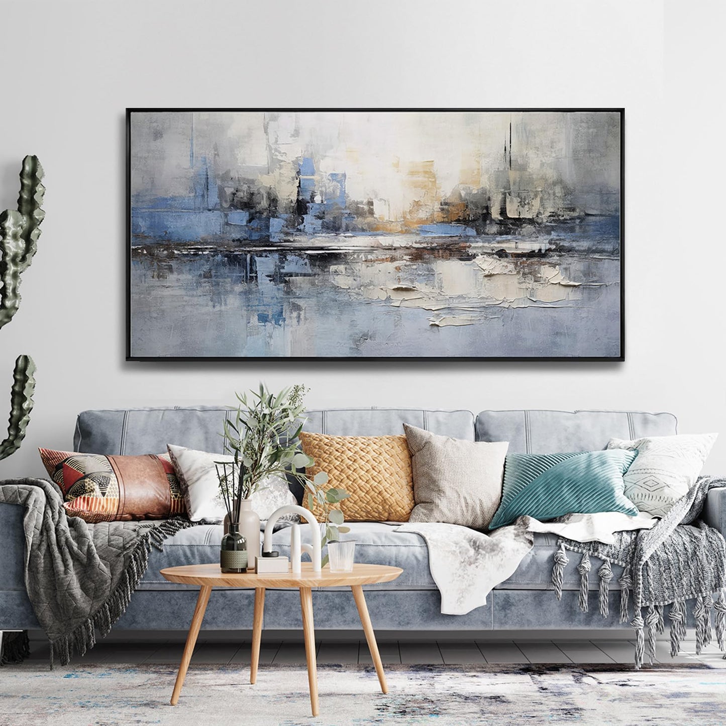 Abstract Wall Art Wall Decor Blue and Gray White Modern Canvas Art Print Abstract Artwork Framed Pictures for Living Room Bedroom Bathroom Office Home Decor Can Be Hung Directly 20"x 40"