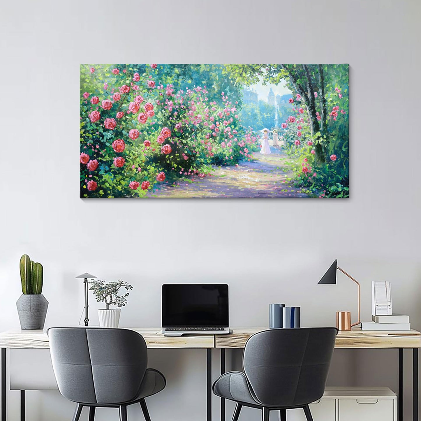 CHATYOUNG Canvas Wall Art Living Room, Blooming Red Roses Manor Landscape Wall Painting Monet Wall Art Green Picture Ready to Hang Bedroom Bathroom Kitchen Home Decor Gifts for Women 20x40 In