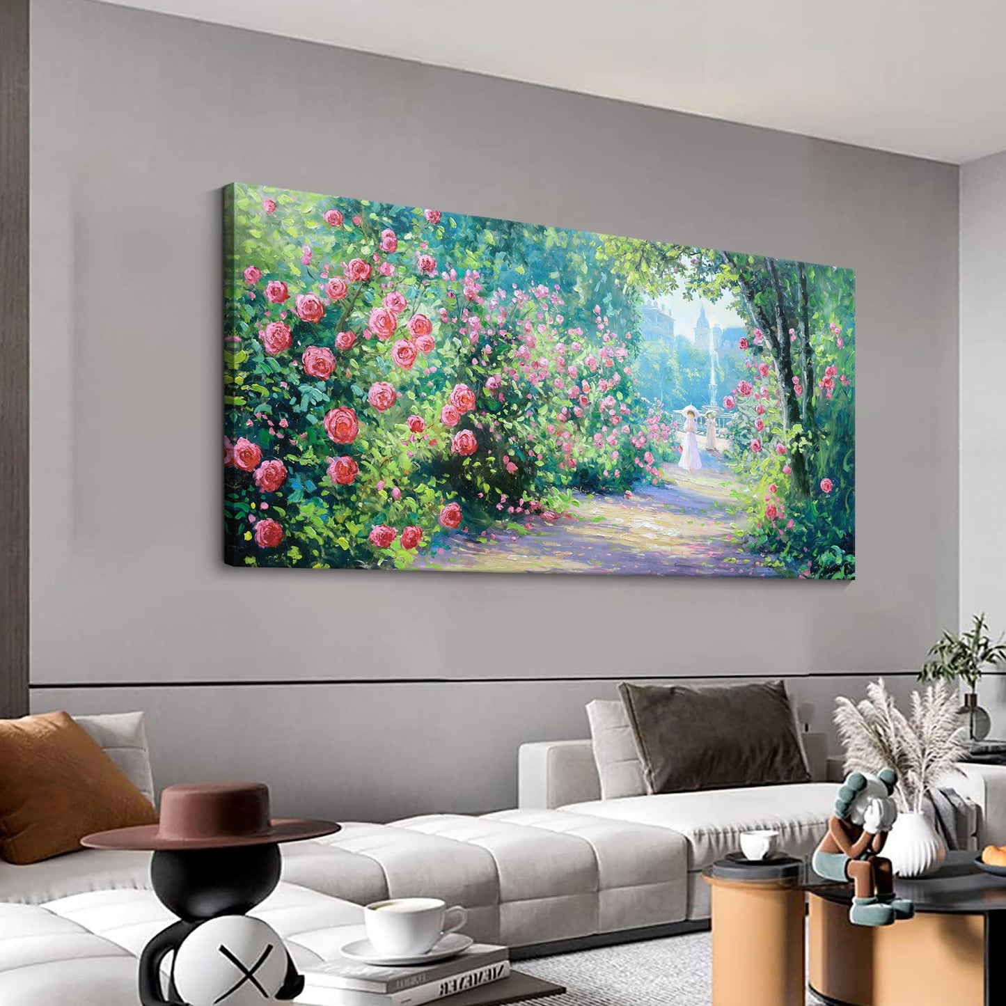 CHATYOUNG Canvas Wall Art Living Room, Blooming Red Roses Manor Landscape Wall Painting Monet Wall Art Green Picture Ready to Hang Bedroom Bathroom Kitchen Home Decor Gifts for Women 20x40 In