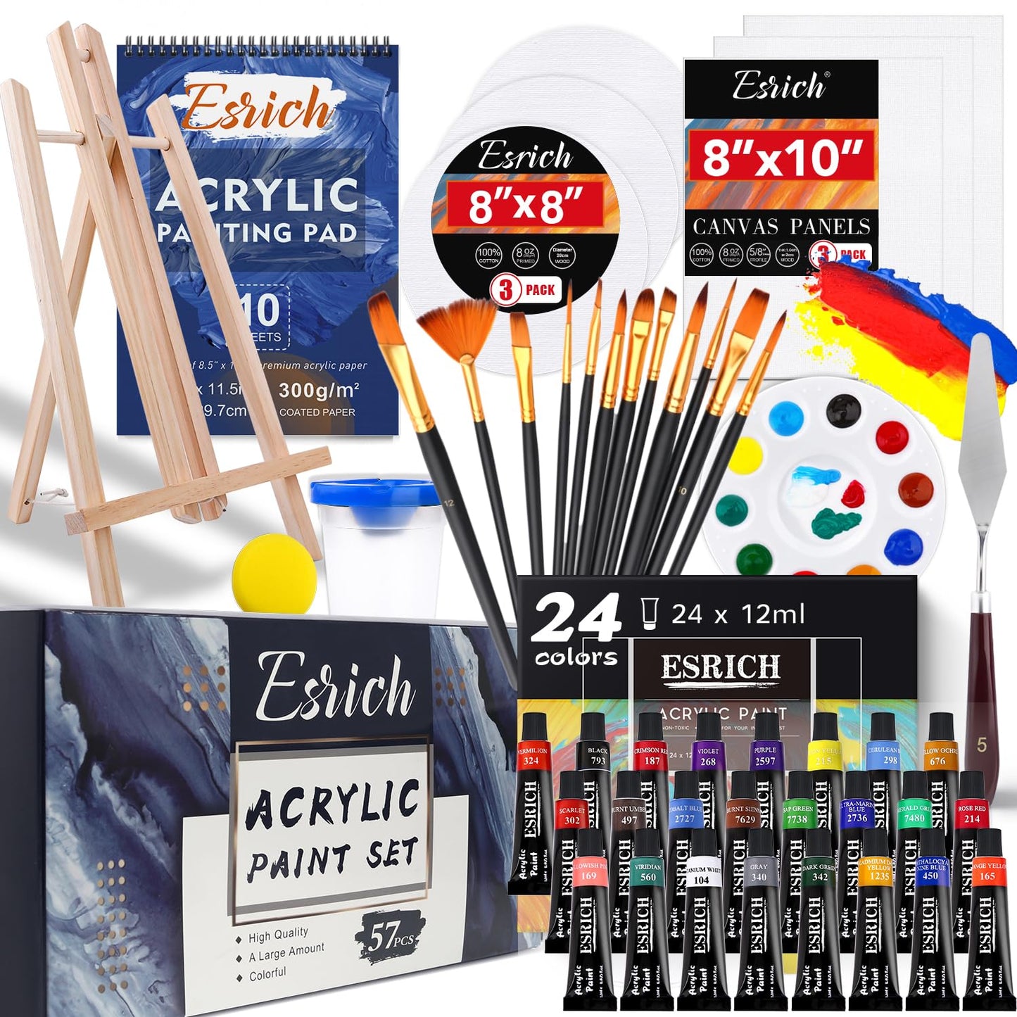 60PCS Acrylic Paint Set with Brushes, Canvases, Palette for Adults, Hobbyists, Beginners