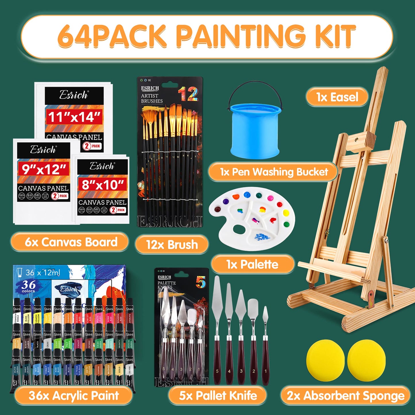 ESRICH Acrylic Paint Canvas Set,42 Piece Professional Premium Paint Kit with 1 Wood Easel,24Colors,10 Brushes,6 Canvases, Painting Supplies Kit for Kids,Students, Artists and Beginner