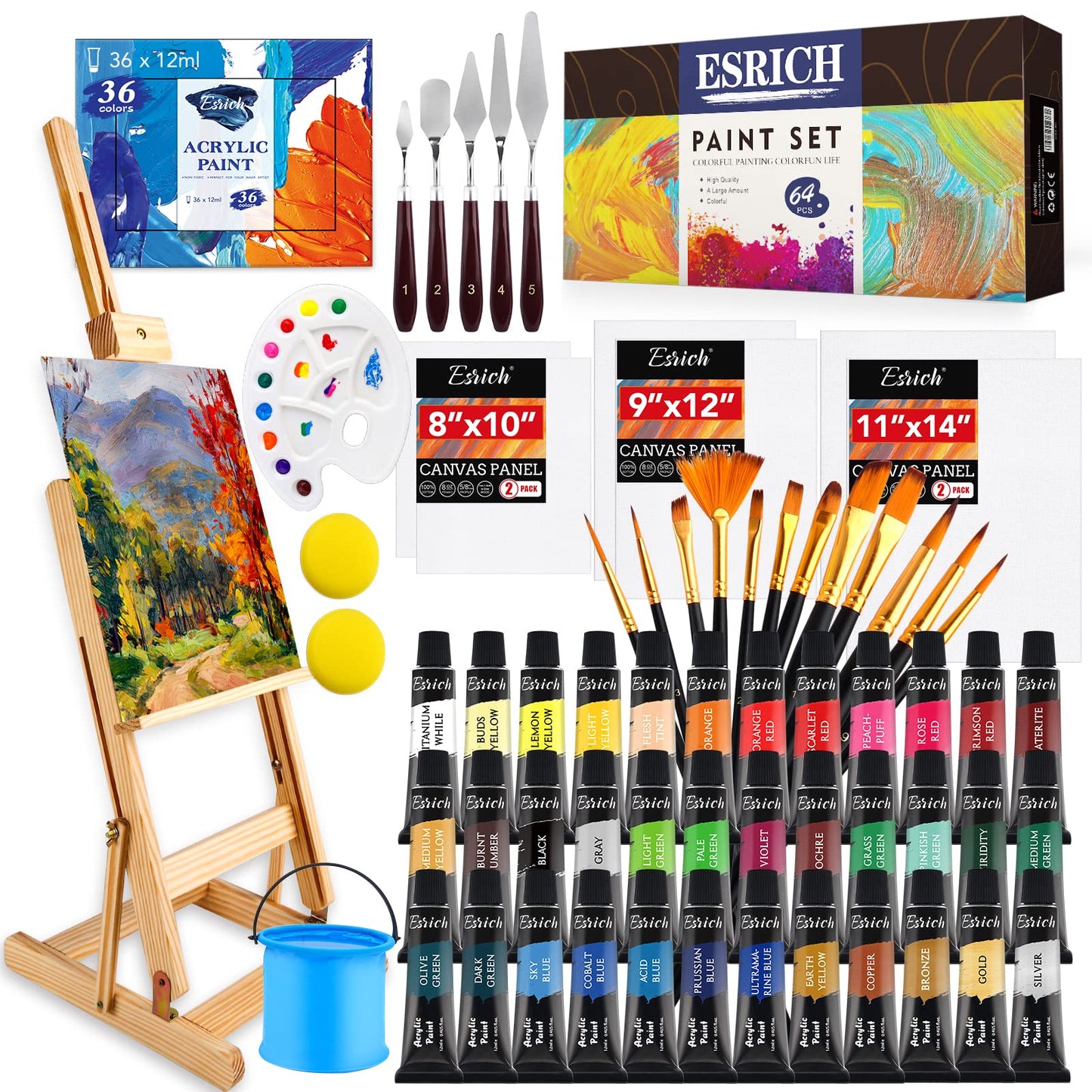 ESRICH Acrylic Paint Canvas Set,42 Piece Professional Premium Paint Kit with 1 Wood Easel,24Colors,10 Brushes,6 Canvases, Painting Supplies Kit for Kids,Students, Artists and Beginner