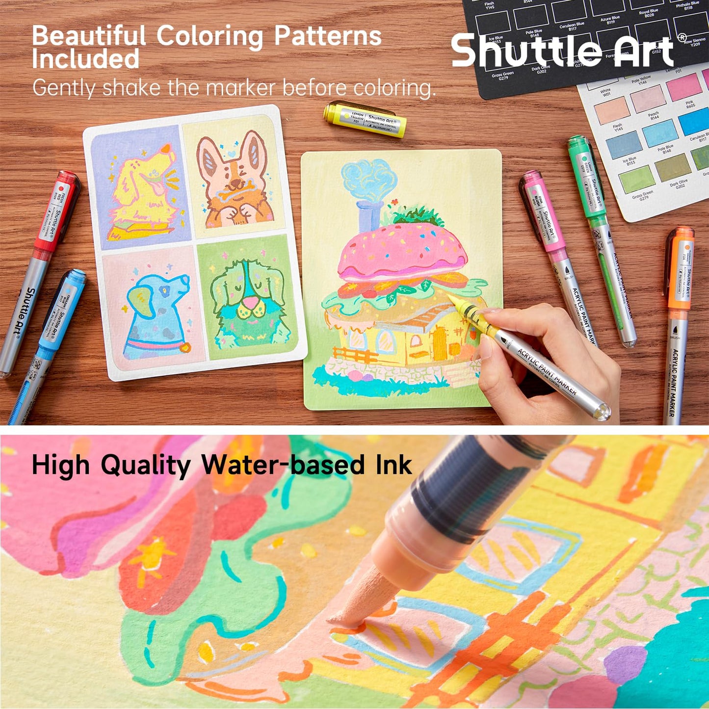 Shuttle Art Automatic Ink Control Acrylic Paint Markers, 60 Colors Brush Tip Acrylic Paint Pens for Rock Painting, Ceramic, Wood, Canvas, Glass, Stone, Fabric, Card Making, DIY & Art Supplies