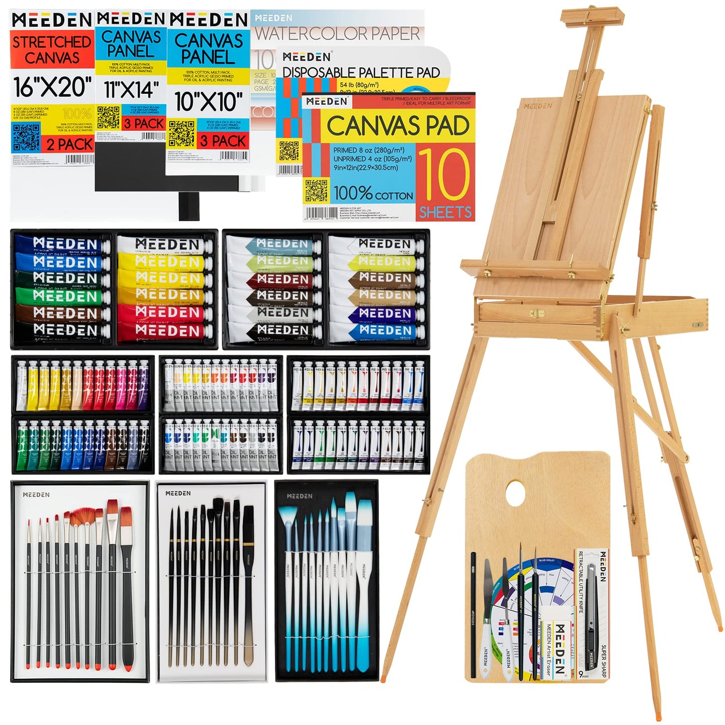 MEEDEN Painting Set with Easels and Paints: 151pcs Art Supplies with Acrylic Oil Watercolor Gouache Paints - Canvas Painting Kit for Artists from Beginning to Professional