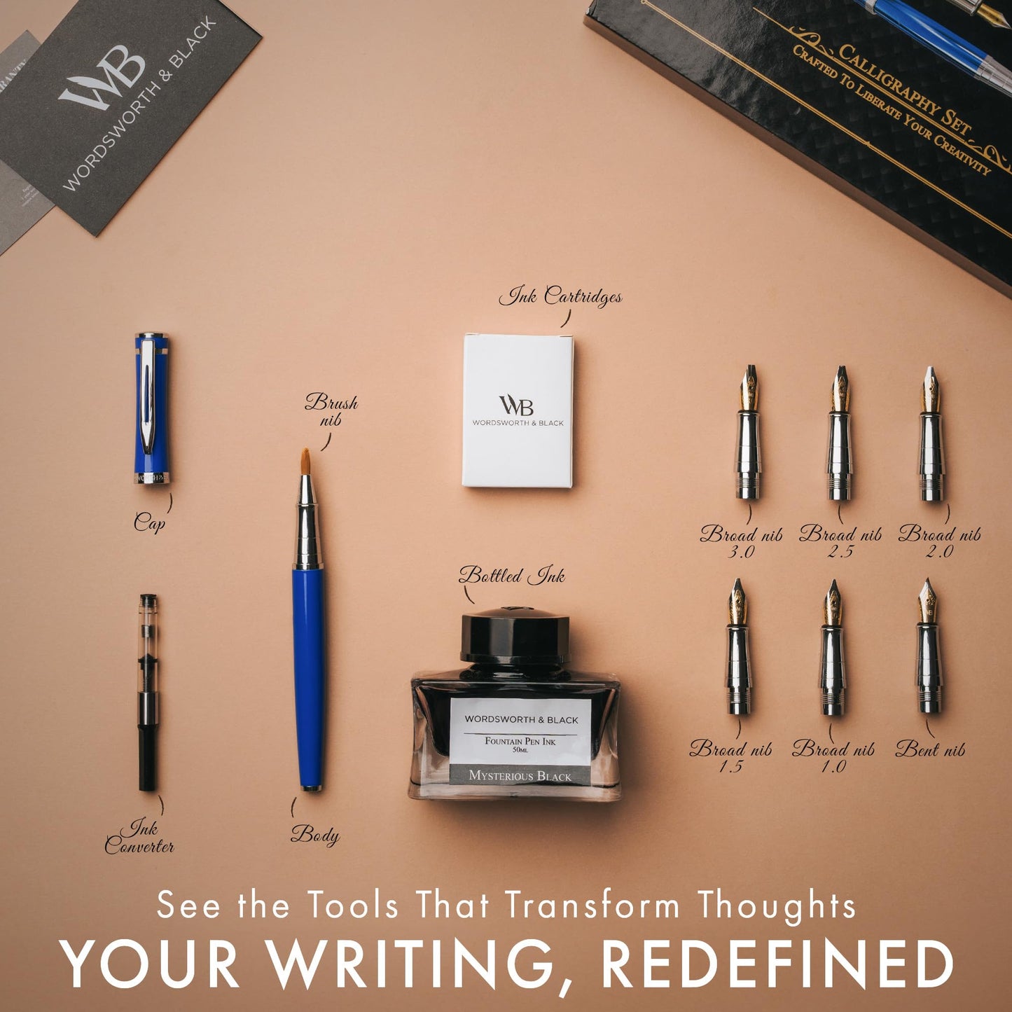 Wordsworth & Black Calligraphy Pen Gift Set, Includes Ink Bottle, 6 Ink Cartridges, Ink Refill Converter, 6 Replacement Nibs, Premium Package, Journaling, Smooth Writing Pens [Black Gold]