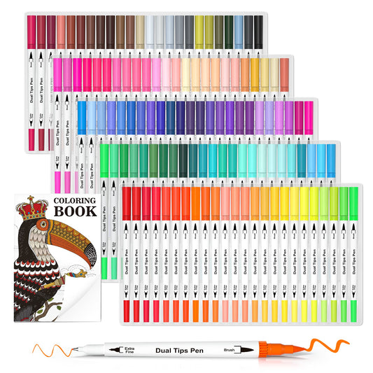 Lelix 120 Colors Dual Tips Brush Pens Art Markers with a Coloring Book, Brush and Fine Point Pens Fineliner for Adults Kids Coloring Books Calligraphy Journaling Lettering Drawing