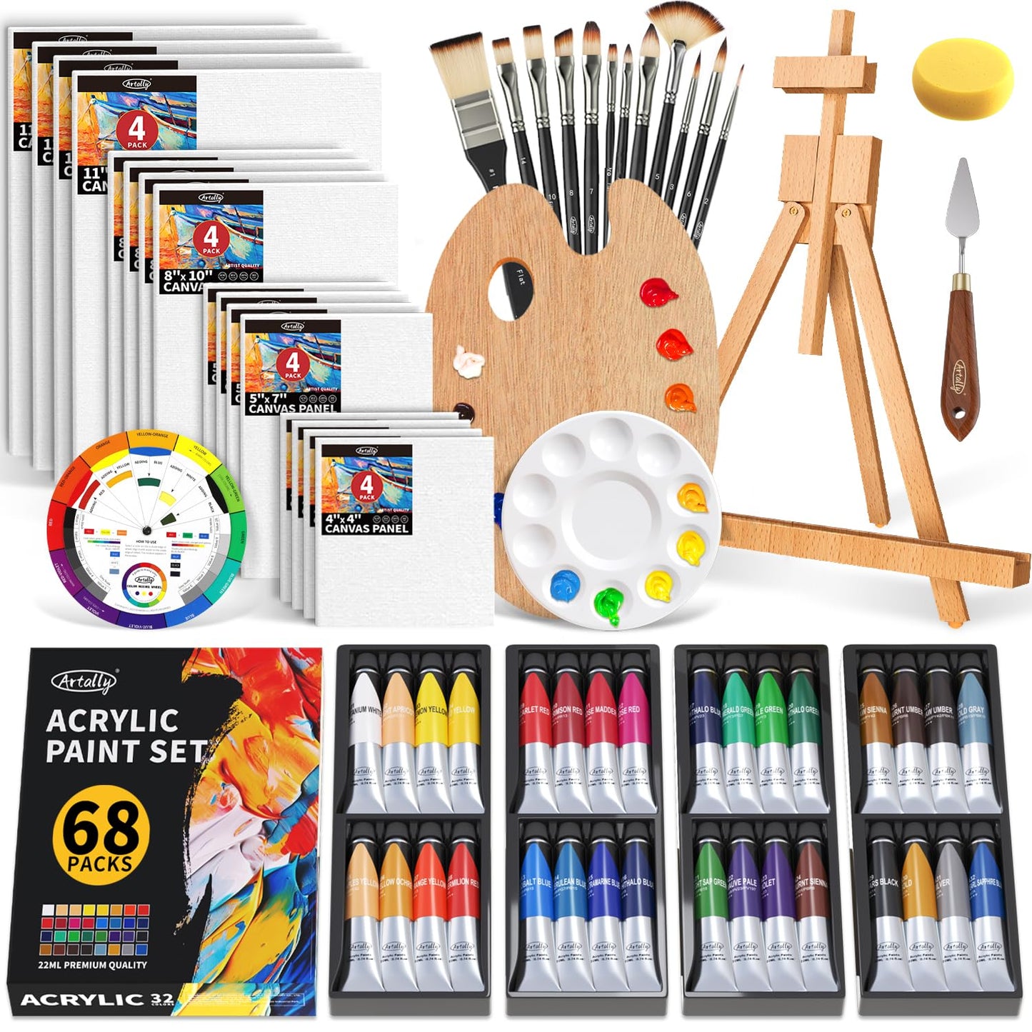 ARTALLY Acrylic Paint Set for Adults & Kids, 62 Pcs Canvas Painting Kits, 32 Colors Acrylic Paint (22ML),Table Easel,Brushes,Canvas, Art Painting Supplies Kit for Students,Artists,Beginners