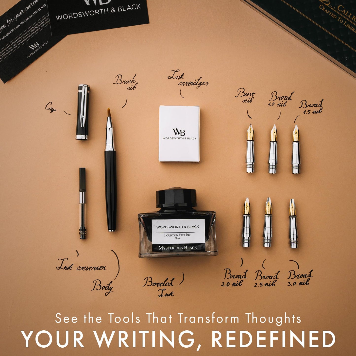 Wordsworth & Black Calligraphy Pen Gift Set, Includes Ink Bottle, 6 Ink Cartridges, Ink Refill Converter, 6 Replacement Nibs, Premium Package, Journaling, Smooth Writing Pens [Black Gold]