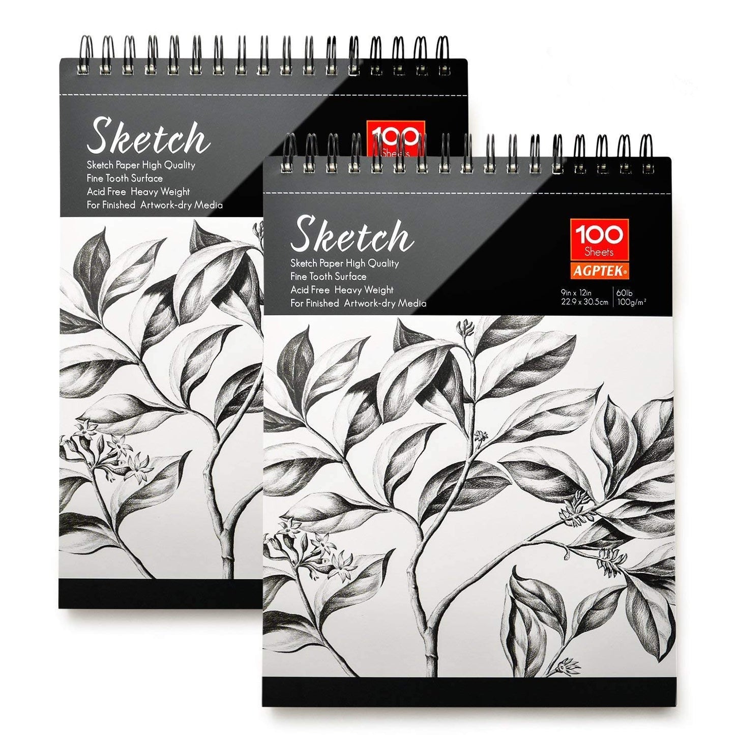 AGPTEK Sketch Book, Art Sketch Book 9''X12, 2 Packs (68lb/100g), Spiral Bound with Easy-to-Remove Pages, Great for Artists, Writers & Illustrators