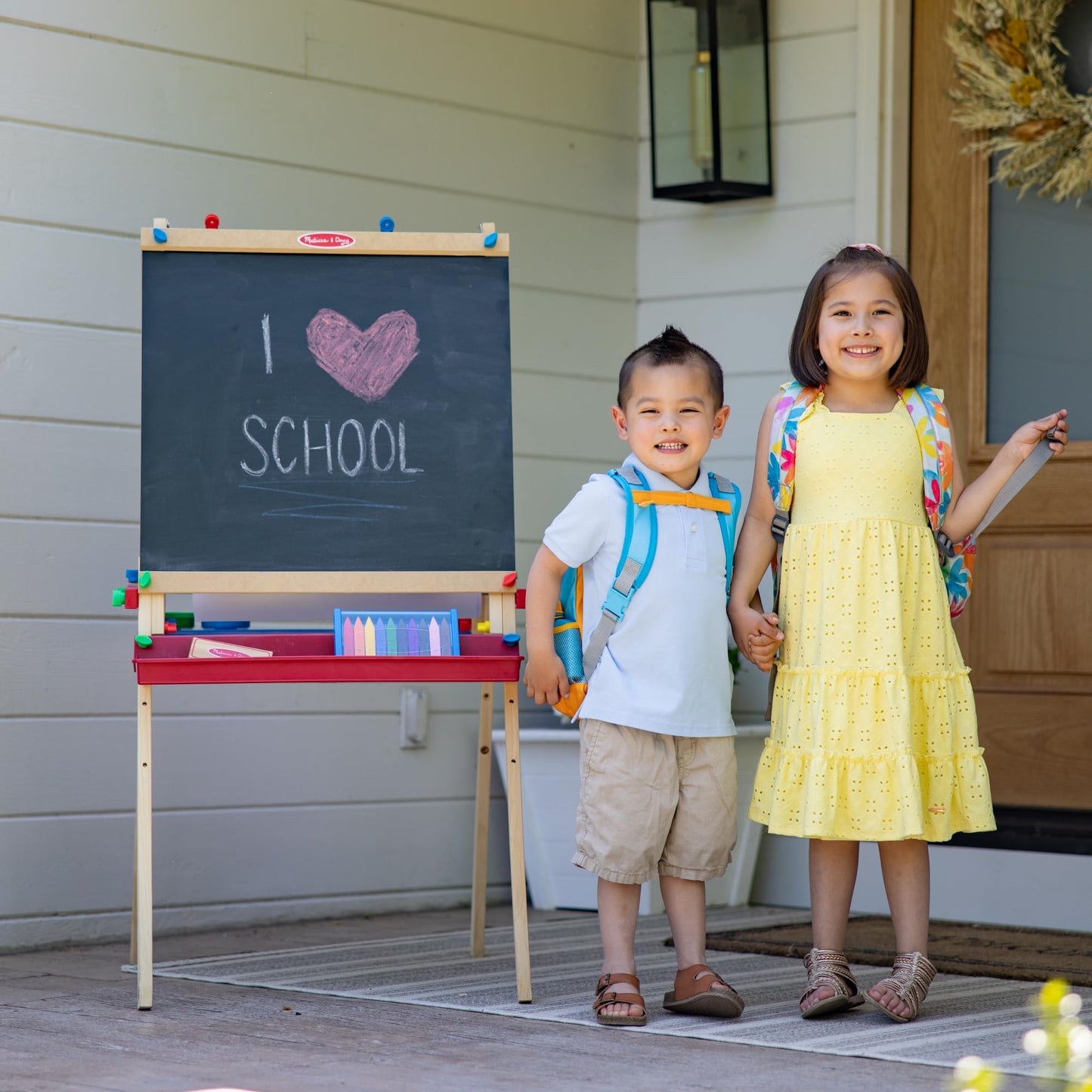 Melissa & Doug Deluxe Standing Art Easel - Dry-Erase Board, Chalkboard, Paper Roller - FSC Certified, 27"D x 26"W x 47"H