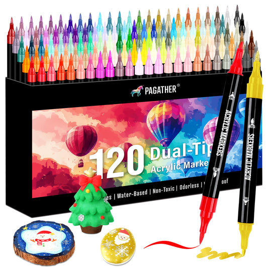 120 Colors Acrylic Paint Markers, Dual Tip Fine Tip and Brush Tip Pens Contain 24 Metallic Color for Stone, Wood, Calligraphy, Canvas, Ceramic, Metal, Glass, Rock Painting, DIY Crafts