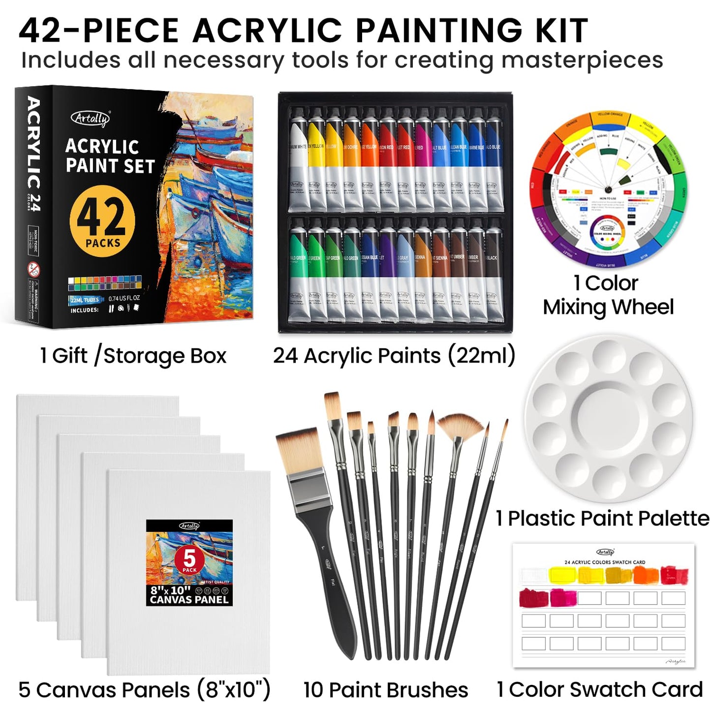 ARTALLY Acrylic Paint Set for Adults & Kids, 62 Pcs Canvas Painting Kits, 32 Colors Acrylic Paint (22ML),Table Easel,Brushes,Canvas, Art Painting Supplies Kit for Students,Artists,Beginners