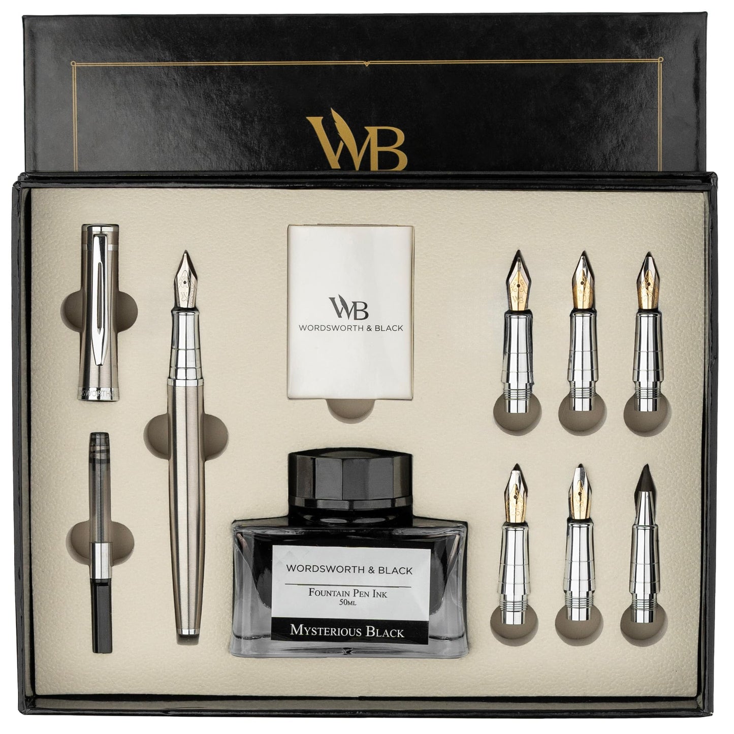 Wordsworth & Black Calligraphy Pen Gift Set, Includes Ink Bottle, 6 Ink Cartridges, Ink Refill Converter, 6 Replacement Nibs, Premium Package, Journaling, Smooth Writing Pens [Black Gold]