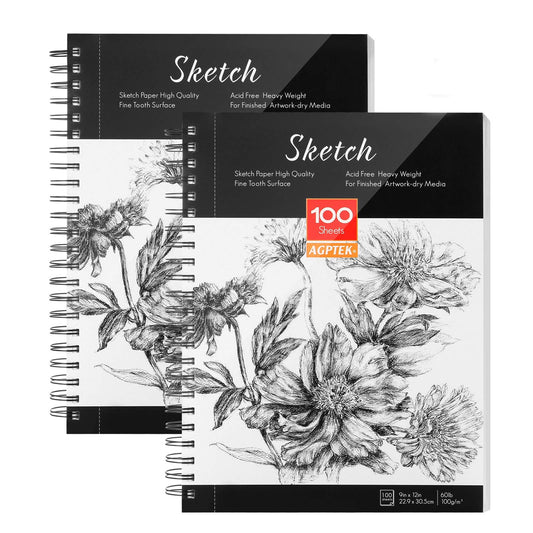 AGPTEK Sketch Book, Art Sketch Book 9''X12, 2 Packs (68lb/100g), Spiral Bound with Easy-to-Remove Pages, Great for Artists, Writers & Illustrators