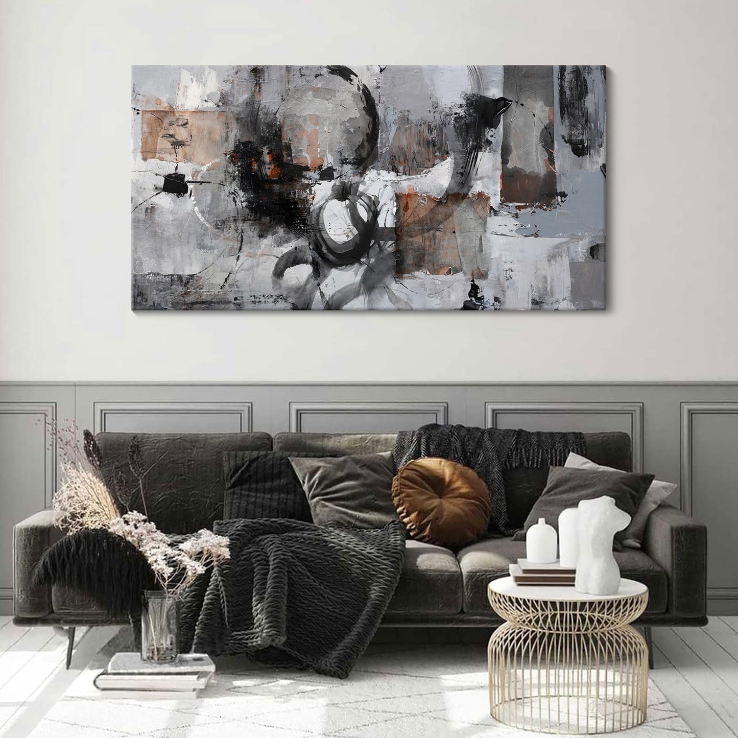 Large Abstract Wall Art - Gray and Black Modern Canvas Wall artwork, Framed Room Wall Decor for Living Room, Bedroom, and Office, Aesthetic Bedroom Wall Art Above Bed, Office Decorations for Work