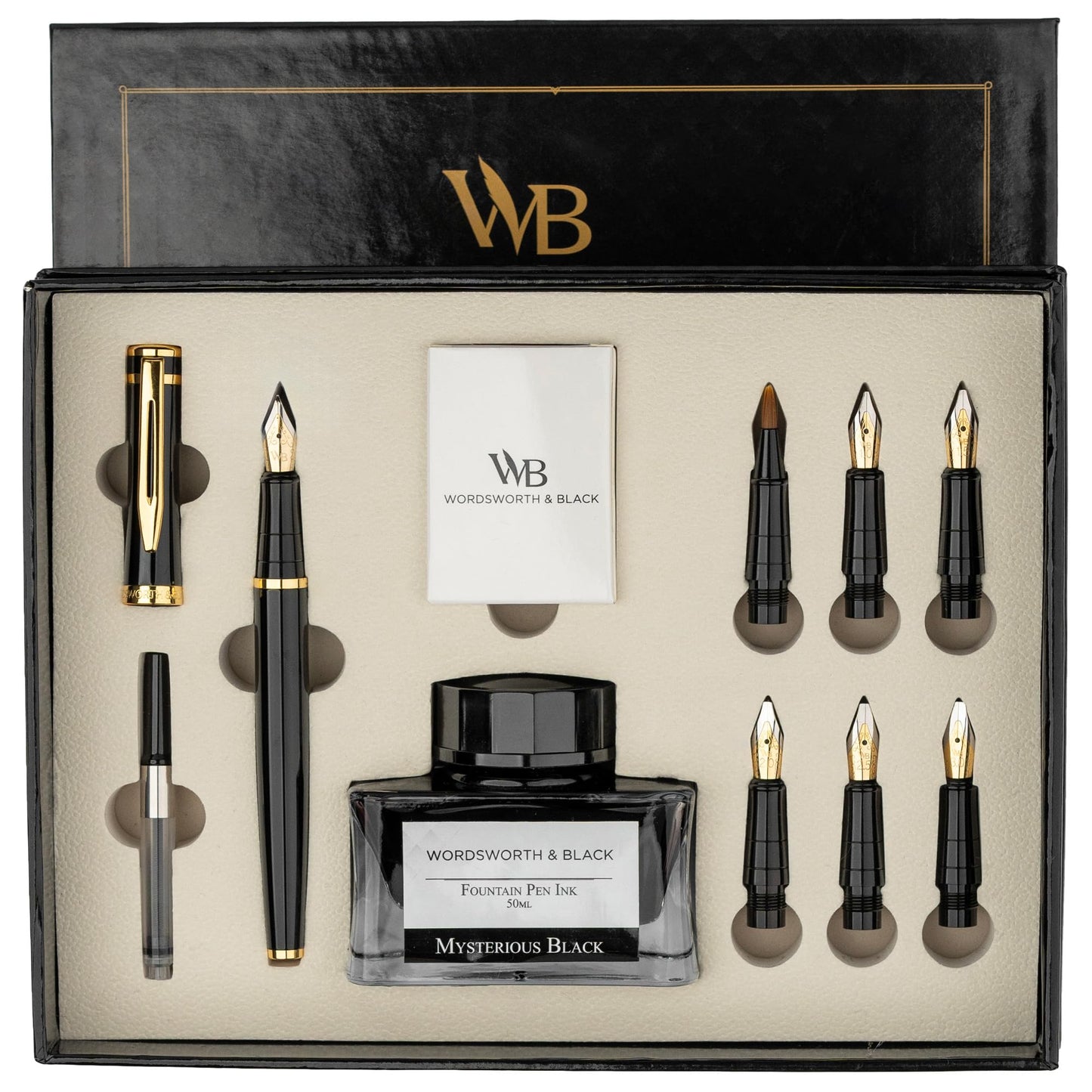 Wordsworth & Black Calligraphy Pen Gift Set, Includes Ink Bottle, 6 Ink Cartridges, Ink Refill Converter, 6 Replacement Nibs, Premium Package, Journaling, Smooth Writing Pens [Black Gold]