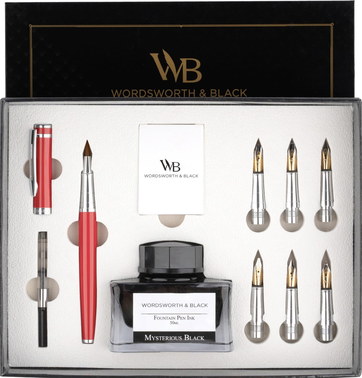 Wordsworth & Black Calligraphy Pen Gift Set, Includes Ink Bottle, 6 Ink Cartridges, Ink Refill Converter, 6 Replacement Nibs, Premium Package, Journaling, Smooth Writing Pens [Black Gold]