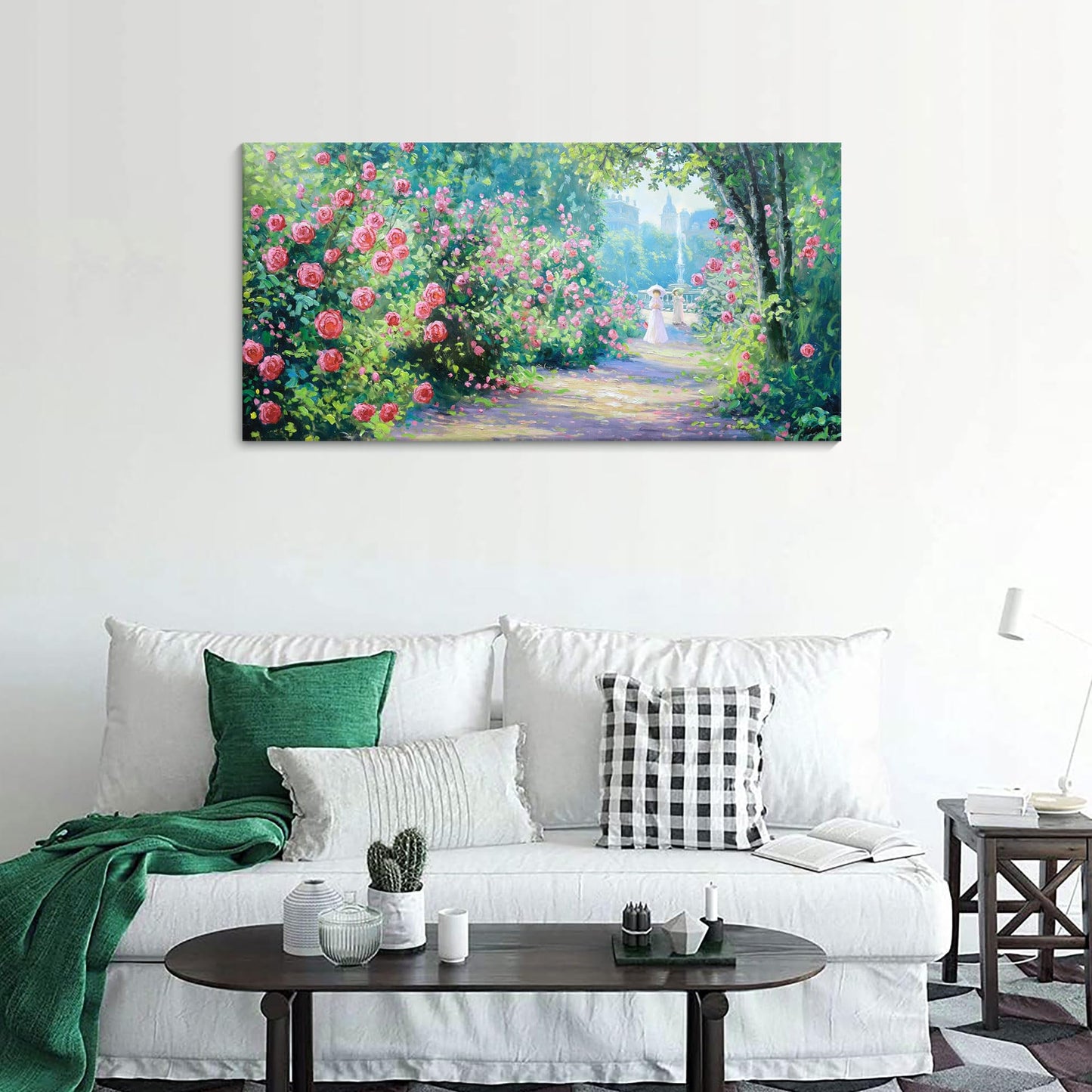 CHATYOUNG Canvas Wall Art Living Room, Blooming Red Roses Manor Landscape Wall Painting Monet Wall Art Green Picture Ready to Hang Bedroom Bathroom Kitchen Home Decor Gifts for Women 20x40 In