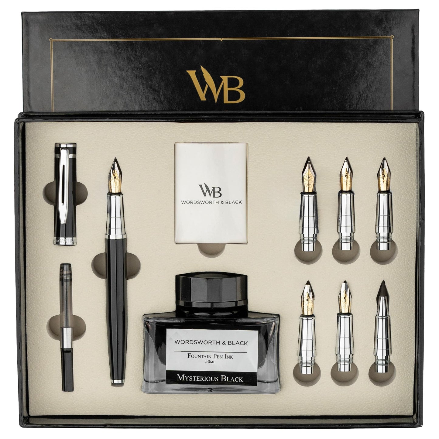 Wordsworth & Black Calligraphy Pen Gift Set, Includes Ink Bottle, 6 Ink Cartridges, Ink Refill Converter, 6 Replacement Nibs, Premium Package, Journaling, Smooth Writing Pens [Black Gold]