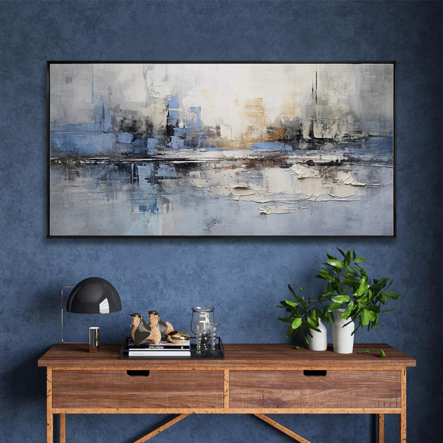 Abstract Wall Art Wall Decor Blue and Gray White Modern Canvas Art Print Abstract Artwork Framed Pictures for Living Room Bedroom Bathroom Office Home Decor Can Be Hung Directly 20"x 40"